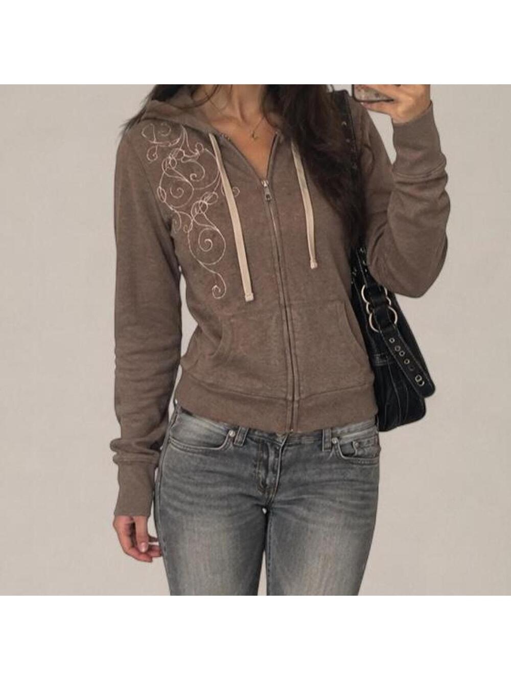 Sonoma Life + Style Brown Embroidered Zip-Up Hoodie Size M